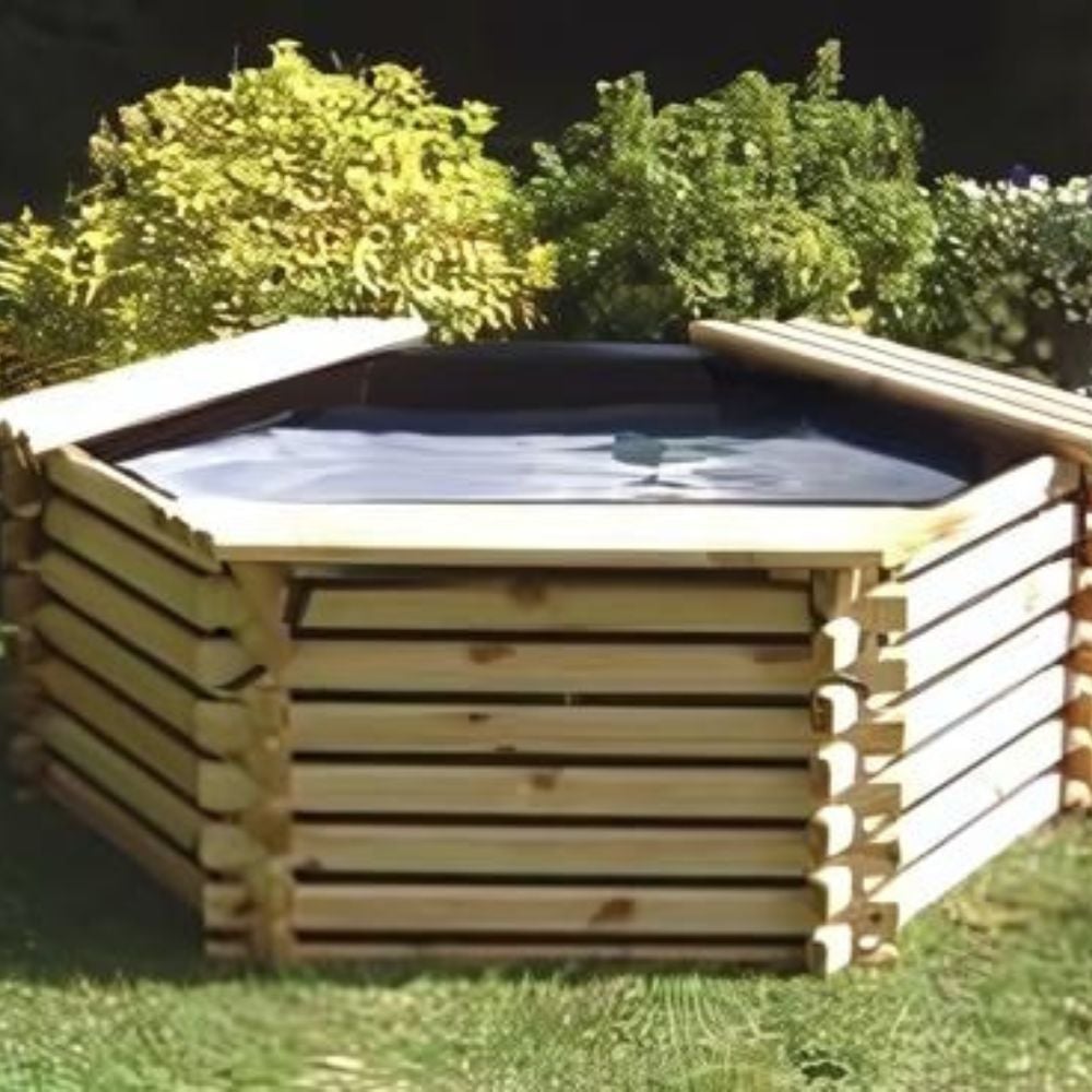 A geometric patio pond made from pressure-treated timber with a visible water feature, situated on a grassy area with plants around it. The text '50 Gallon Pool' is visible on the image.