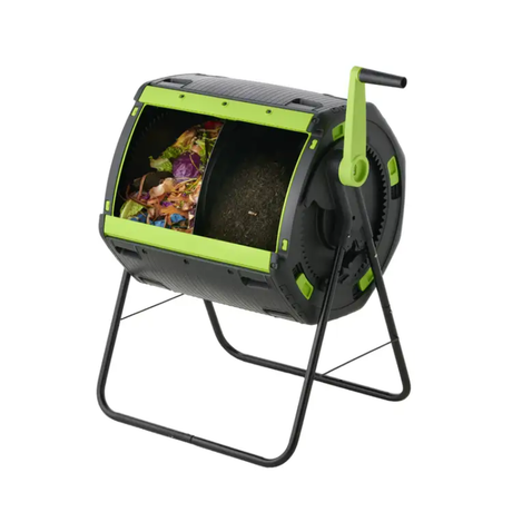 A black and green 180litre tumbling composter with a visible rotating handle and air vents, set on a sturdy frame.