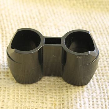 A black fruit cage door hinge designed to fit 19mm aluminium poles, displayed on a textured background.