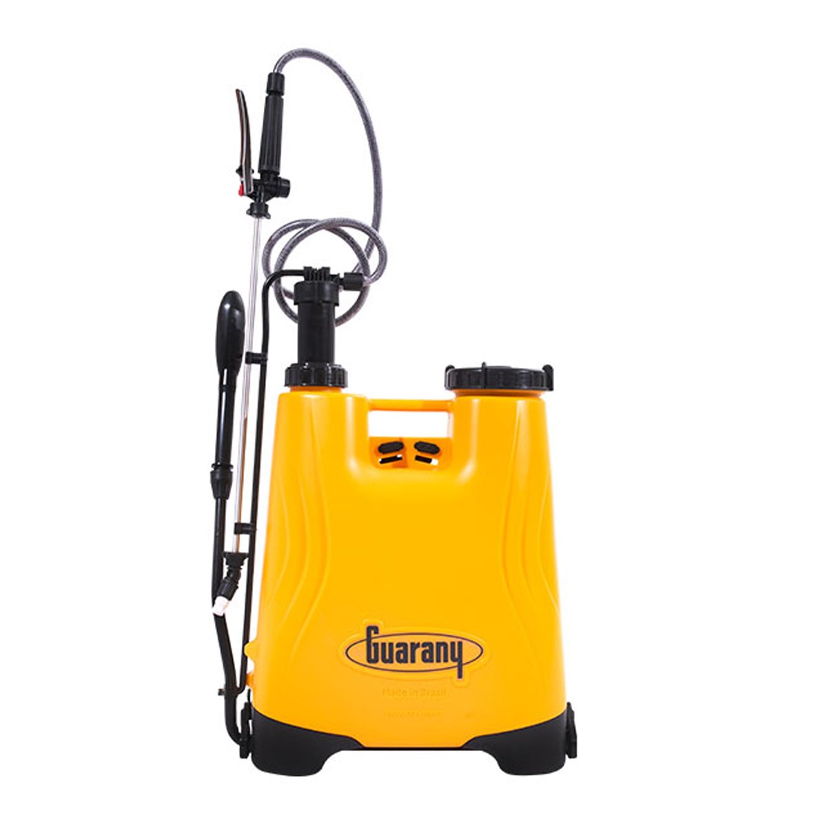 Yellow balance backpack sprayer with black straps and a transparent measuring tank, branded with 'Buarany'.