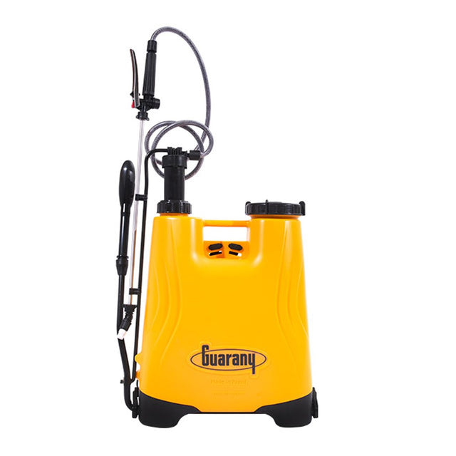 Yellow balance backpack sprayer with black straps and a transparent measuring tank, branded with 'Buarany'.