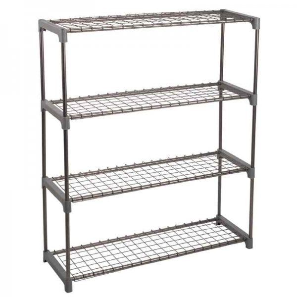 Wire mesh shelving with 4 shelves on plain background