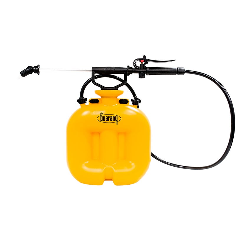 A yellow Guarany compression sprayer with a black shoulder strap and a hose, designed for gardening and spraying tasks.