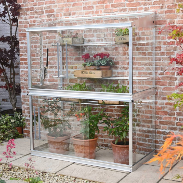 A full wall cold frame greenhouse made of aluminum with toughened safety glass, placed on a garden patio next to a brick wall. It has several shelves with potted plants inside.