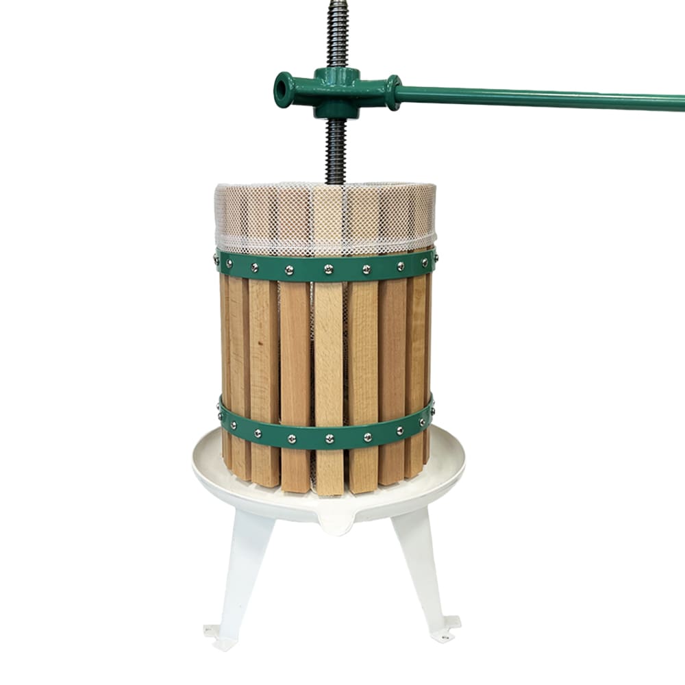 Three sizes of manual wooden fruit presses with metal accents, mounted on a steel base.