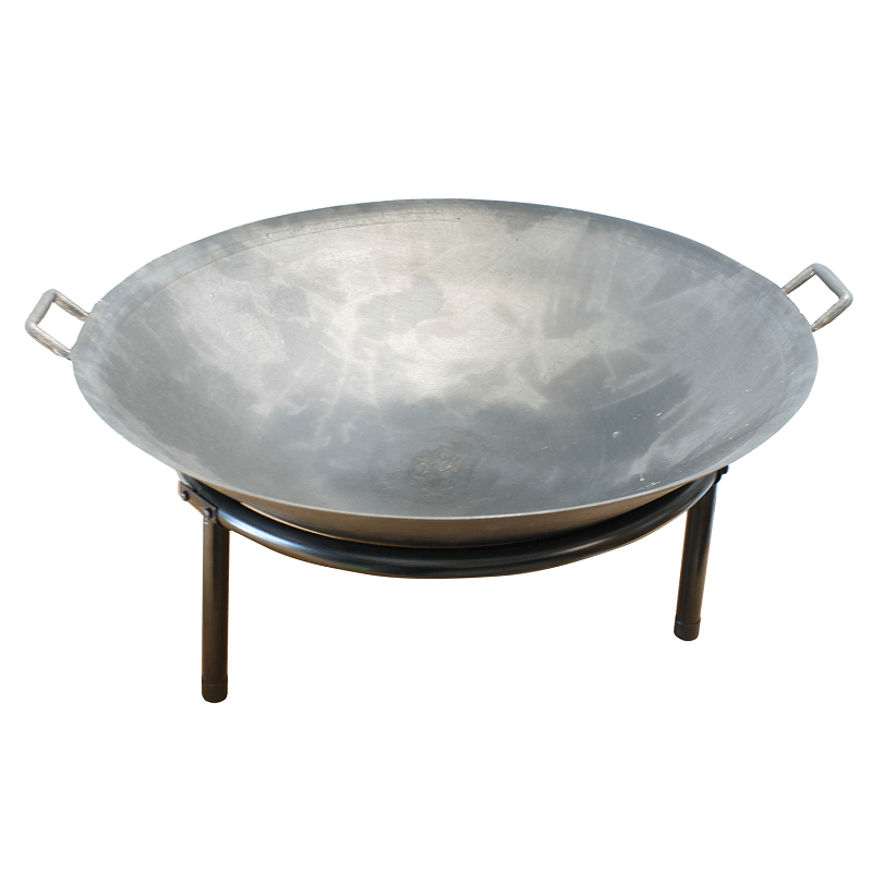 Large metal firepit on a stand with handles on a white background