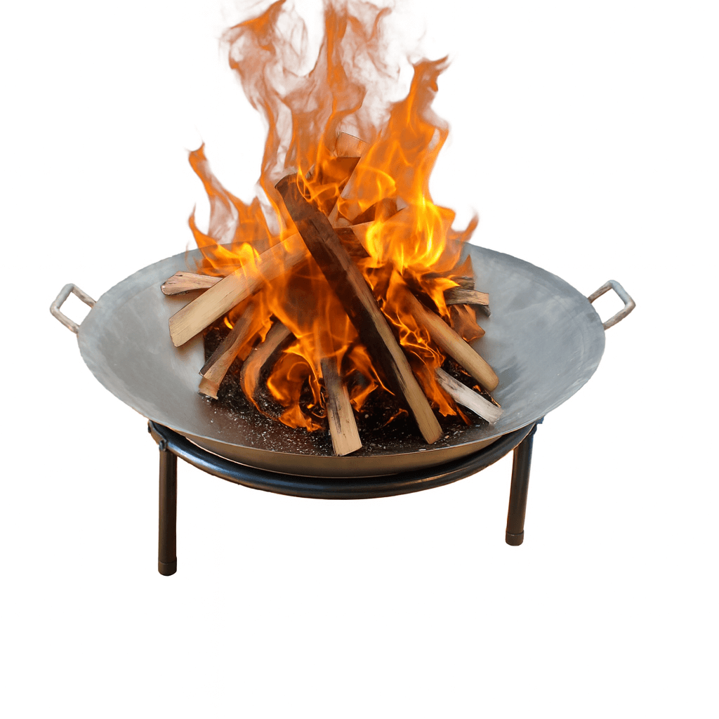 Fire pit with burning wood on a white background