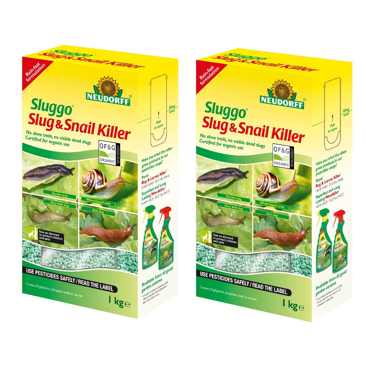 yellow boxes of sluggo snail and slug killer