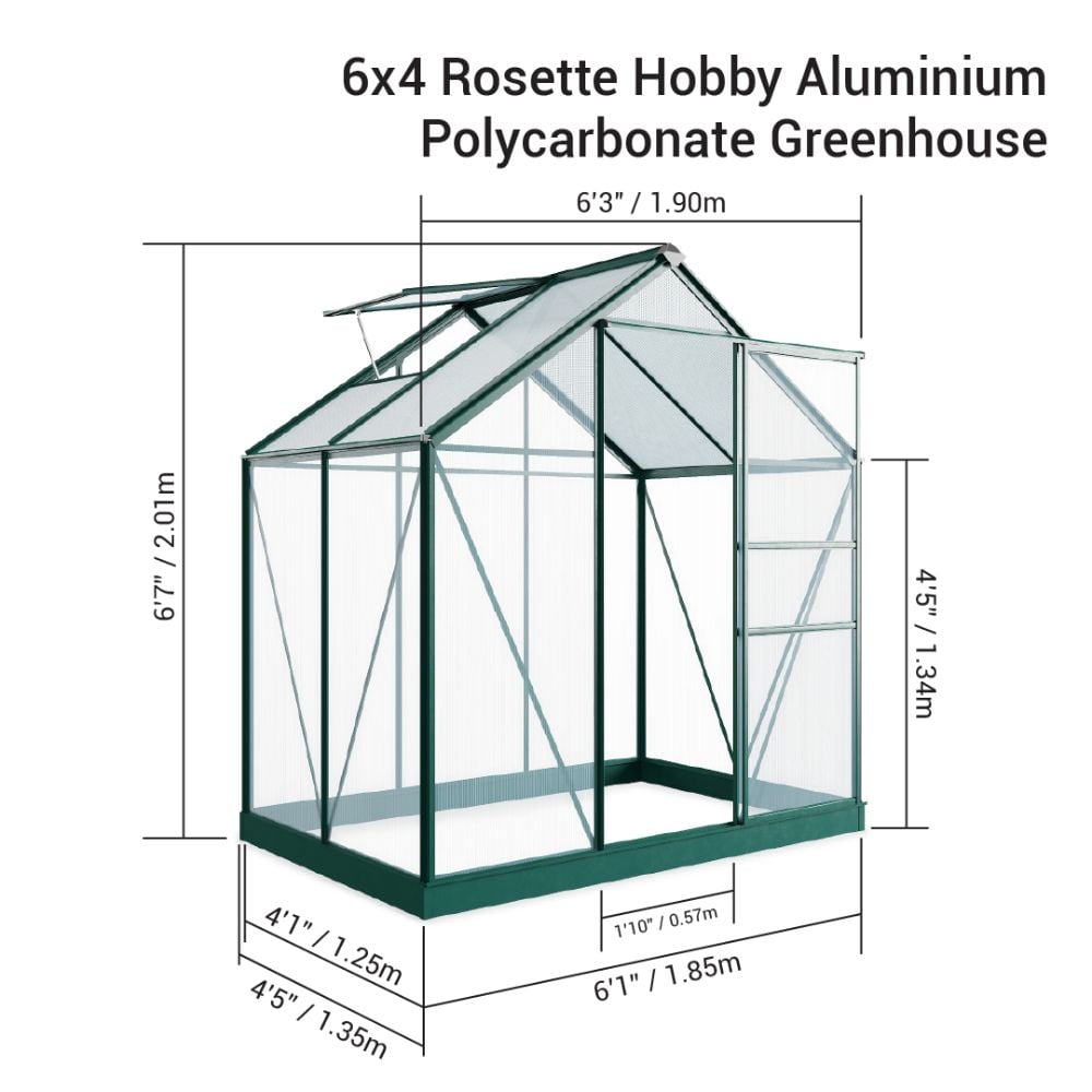 6x4 greenhouse in green with glass panels and measurments on white background
