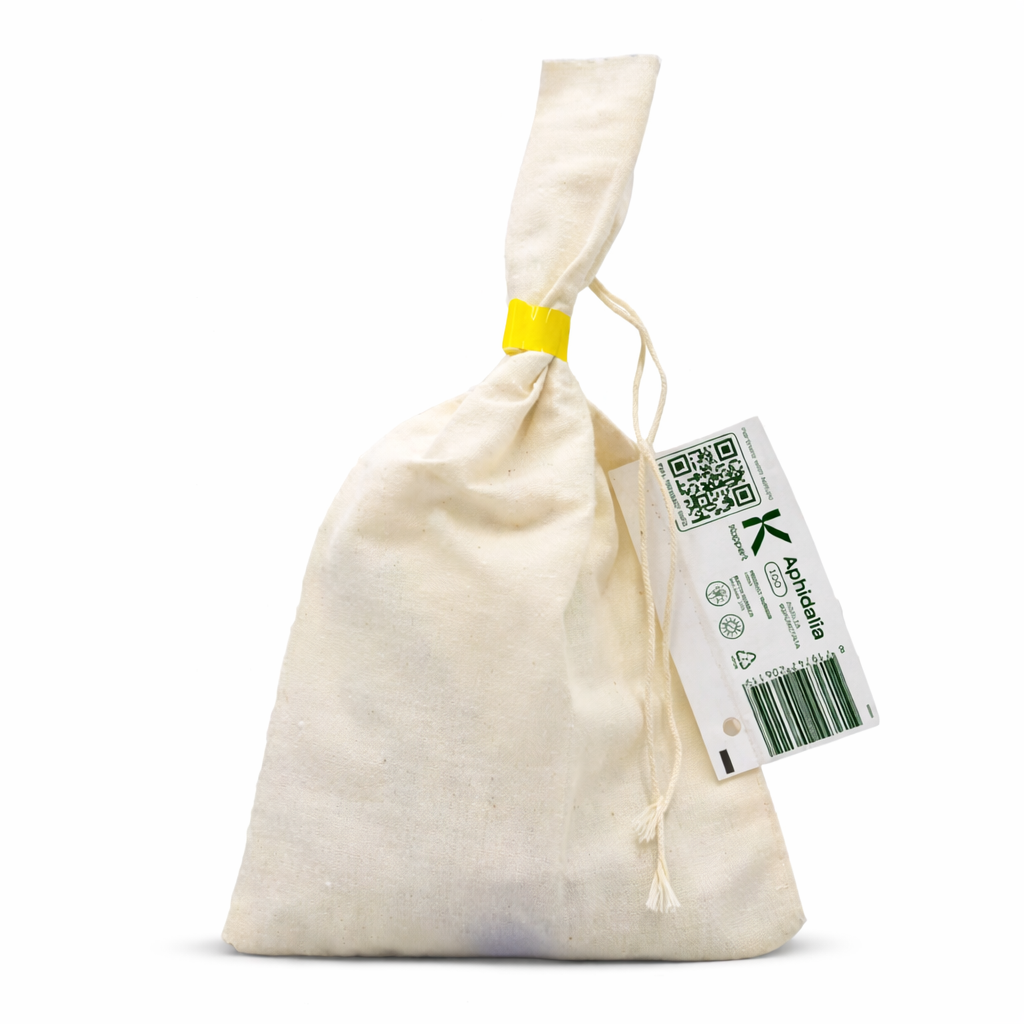 Beige drawstring bag with a white label featuring a QR code on a white background