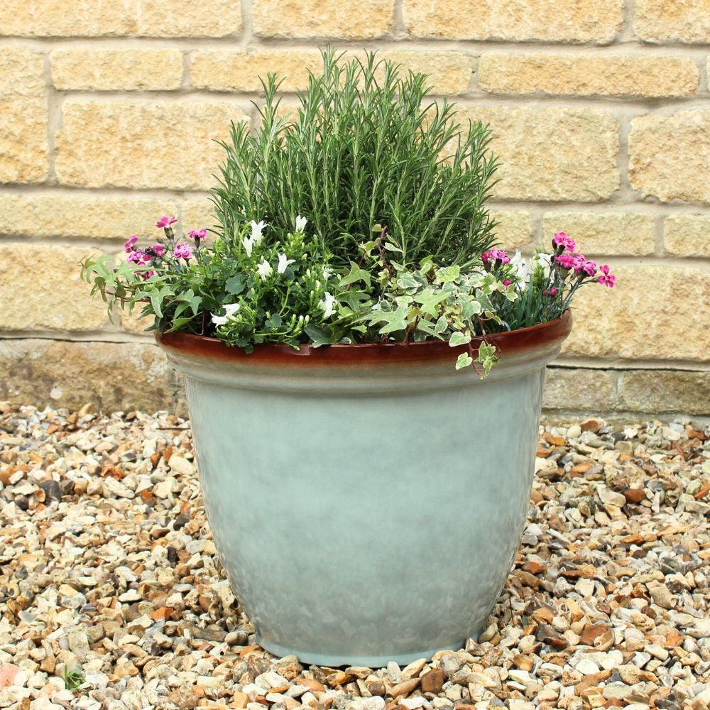 Grey glazed effect plant pot full of plants in garden