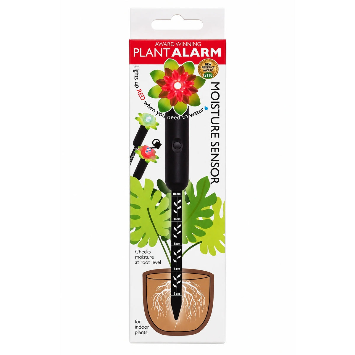 Led moisture sensor lit up red alarm in a white plant pot