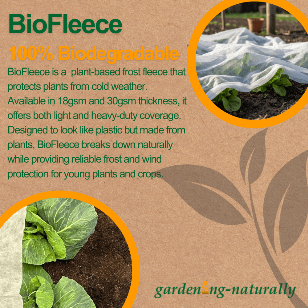 Advertisement for BioFleece biodegradable frost fleece with text and images of plants covered by it.