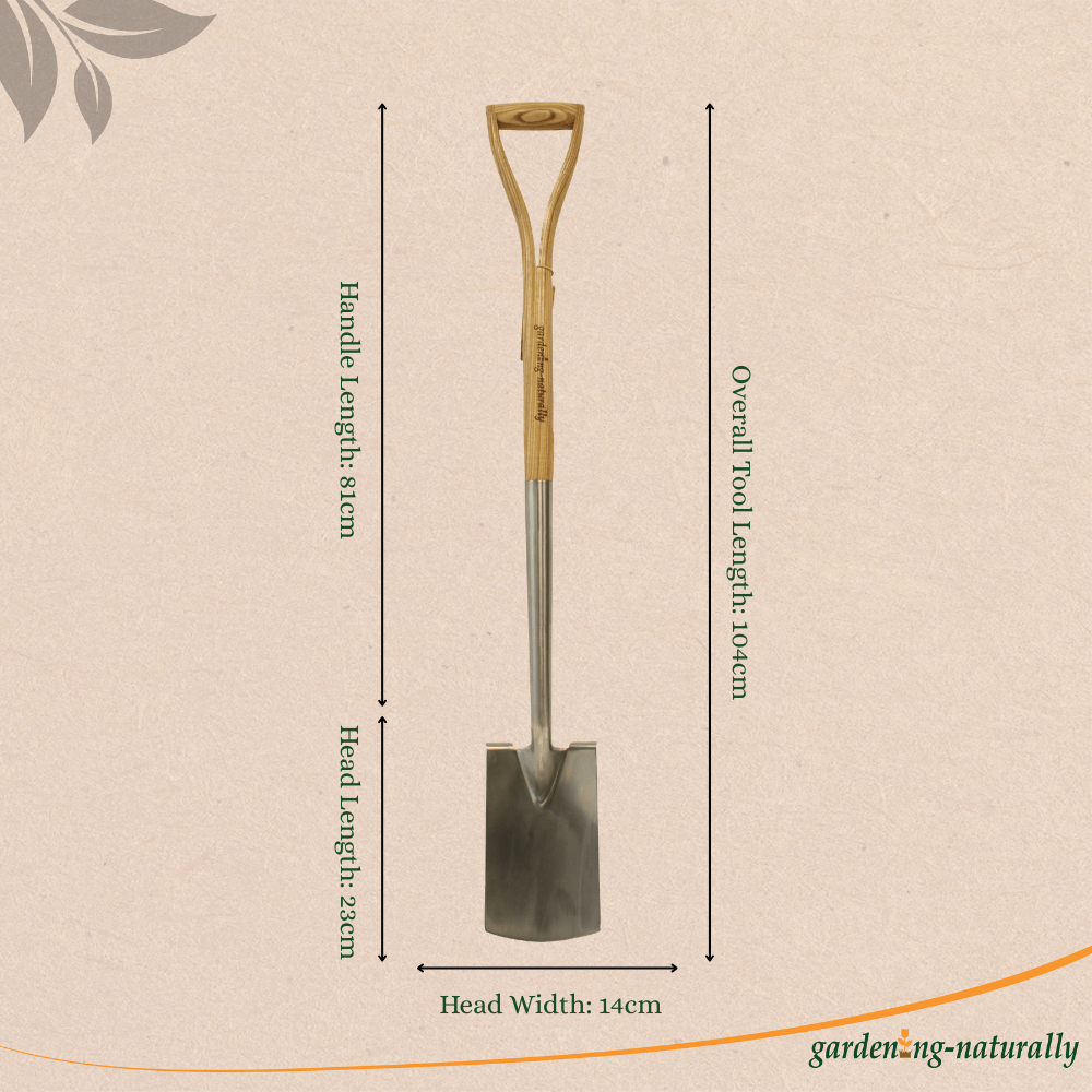 Garden Border Spade tool showing dimensions and arrows on a beige background