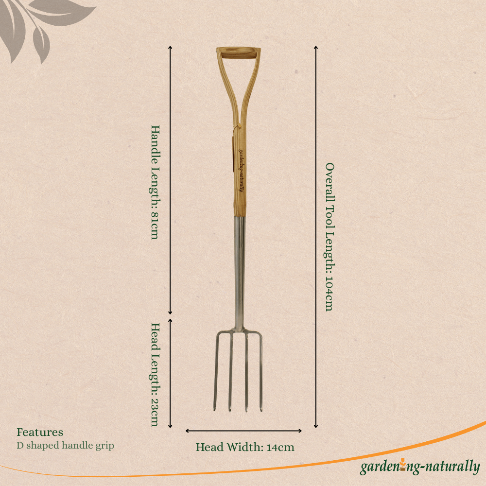 Garden border fork with measurements
