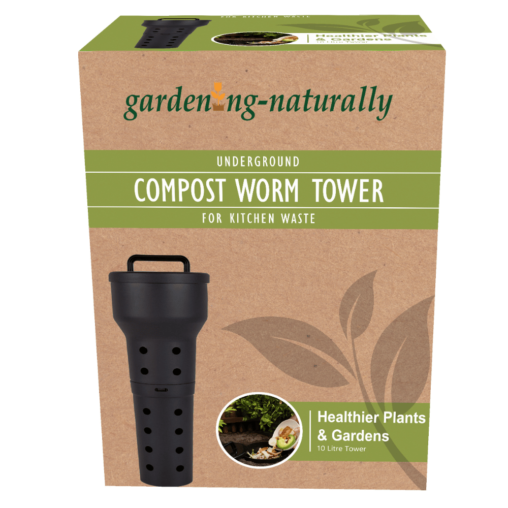 Box packaging of an underground compost worm tower with 'garden naturally' branding.