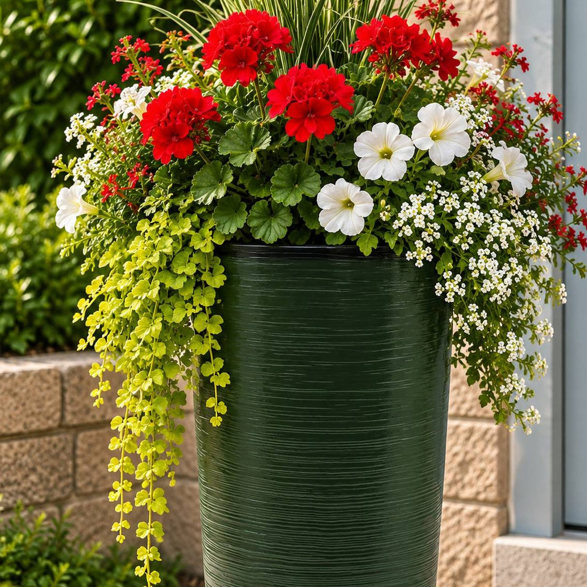 deep green planter with flowers