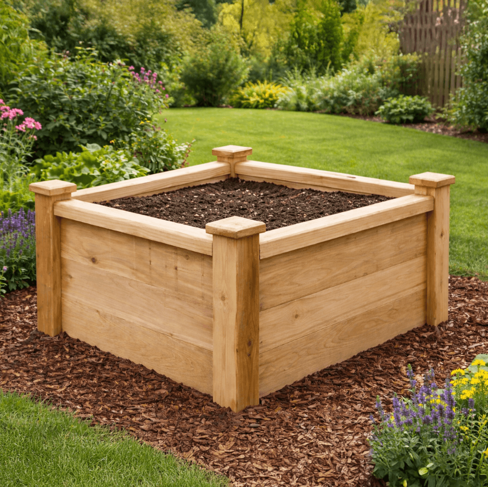 Wooden raised garden bed in a garden setting with plants and flowers around.