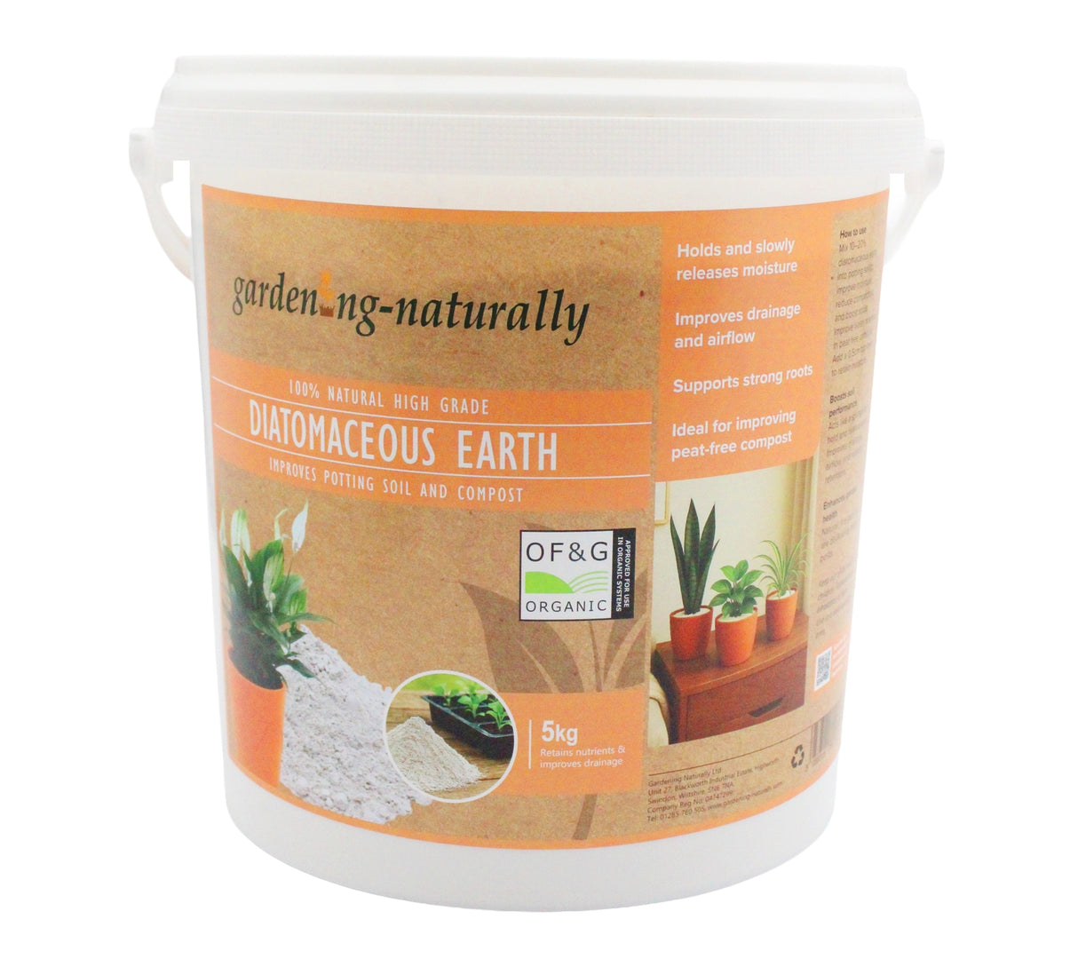 A 5kg white plastic bucket of garden-ng-naturally Diatomaceous Earth organic soil improver, featuring a brown and orange label with product details and certification logos.