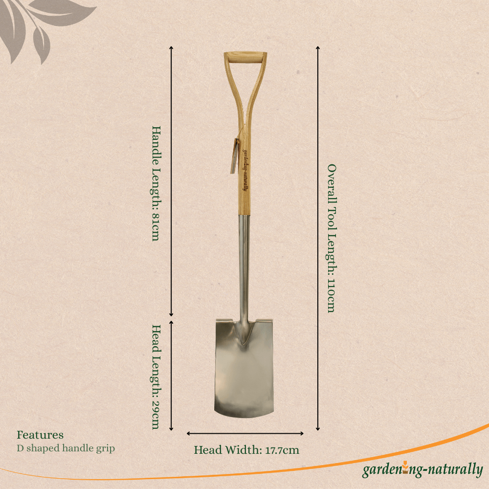 Gardening tool with dimensions labeled on a beige background