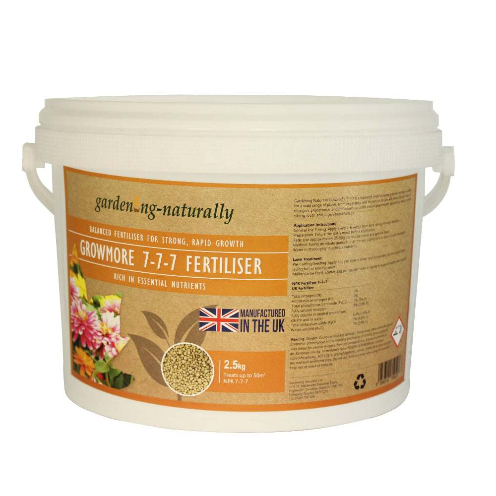 Garden fertiliser container with label on a white background