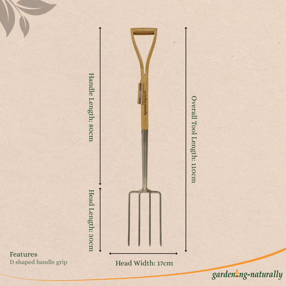 Garden fork with measurements on a beige background