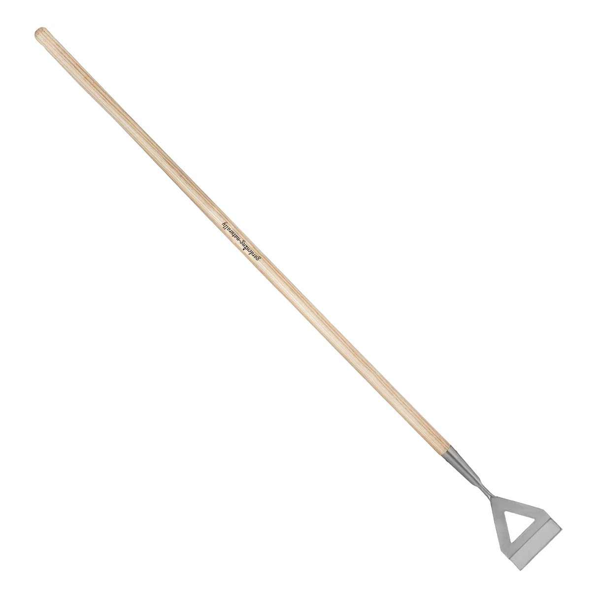 Garden hoe with wooden handle and metal head on a white background