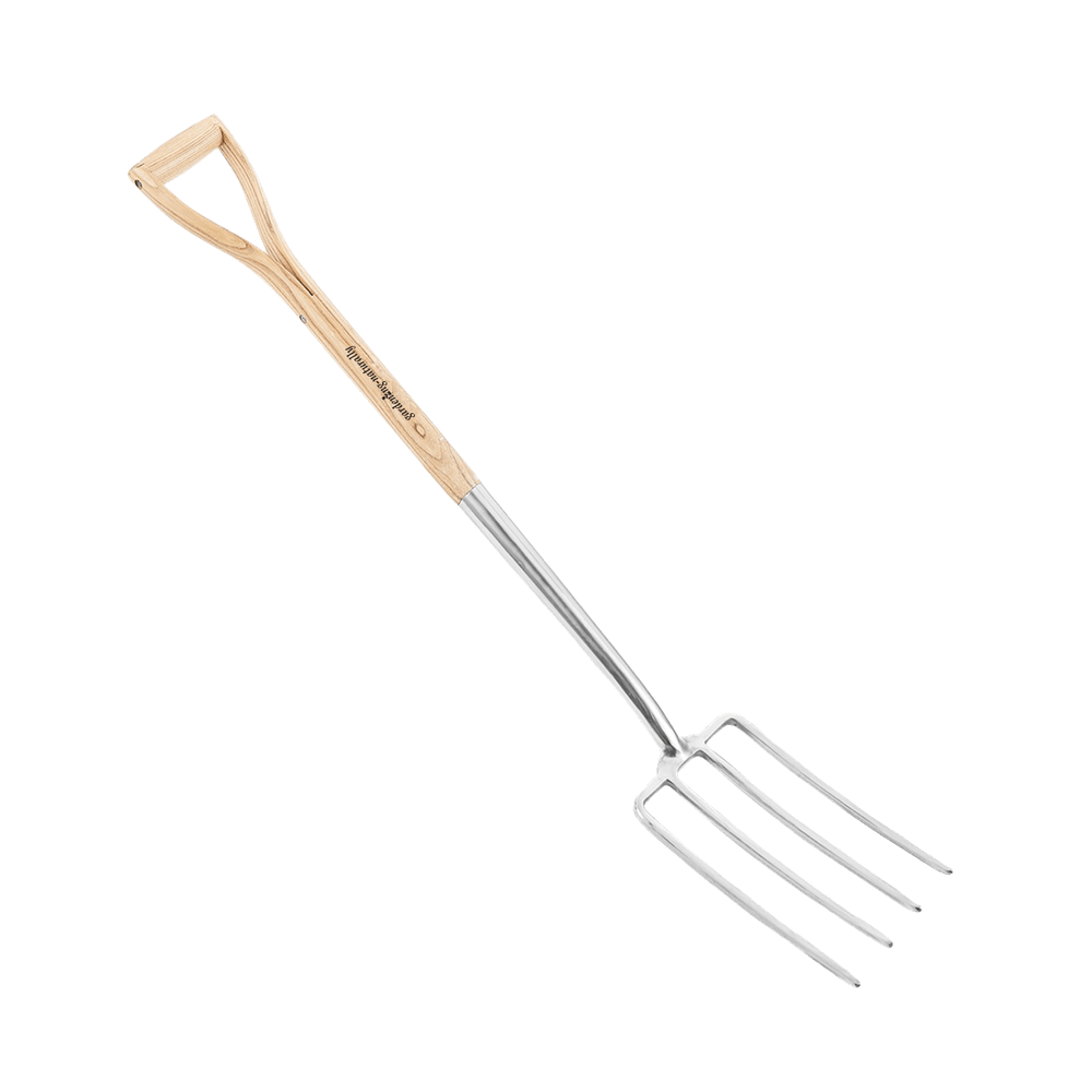 Garden digging fork with long wooden handle