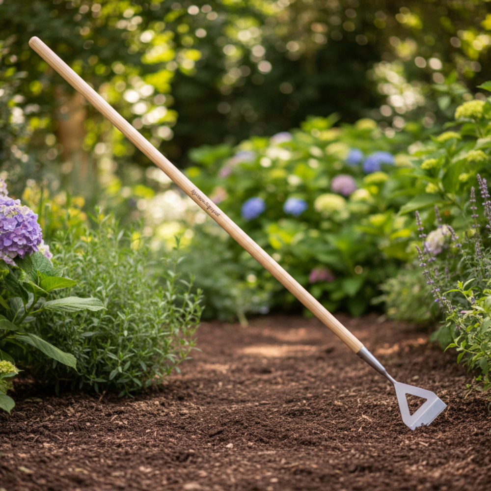 Garden hoe on a garden path with flowers in the background