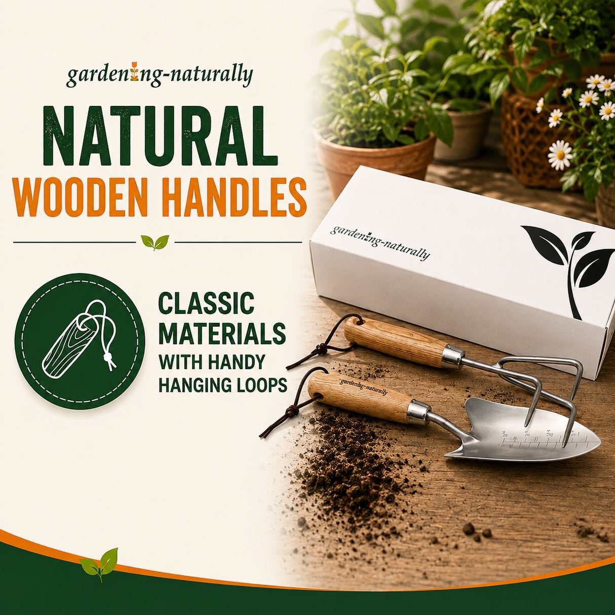 Gardening Naturally gift set featuring stainless steel hand cultivator and transplanter with wooden handles