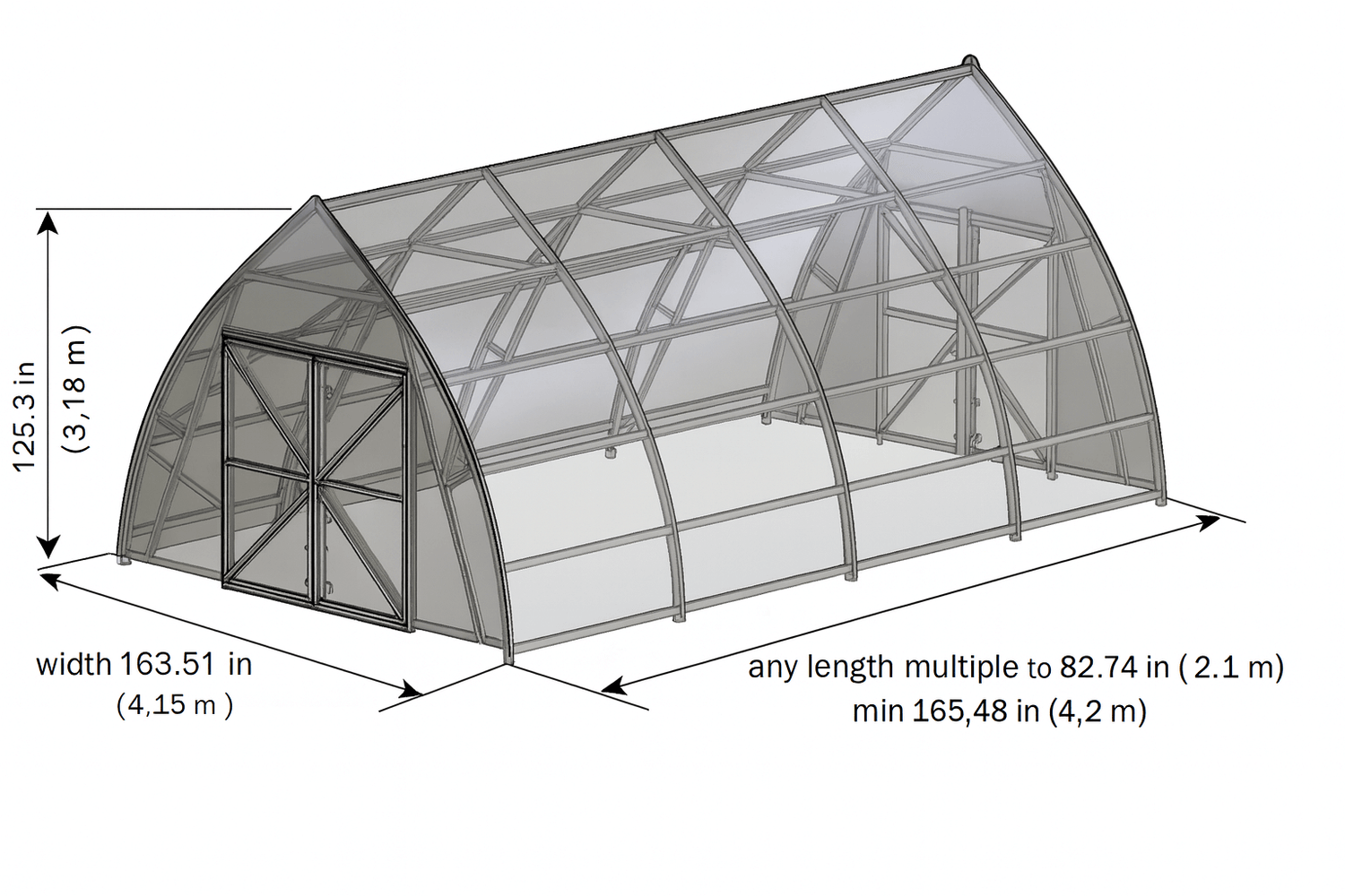 Diagram of a greenhouse structure with dimensions on a white background