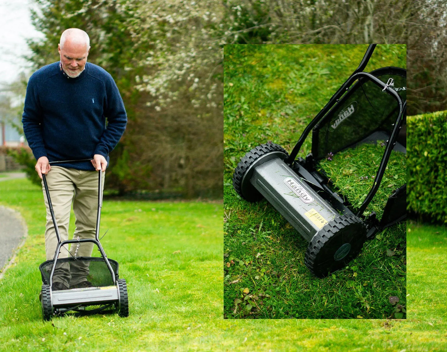 Man Pushing handy lawn mower