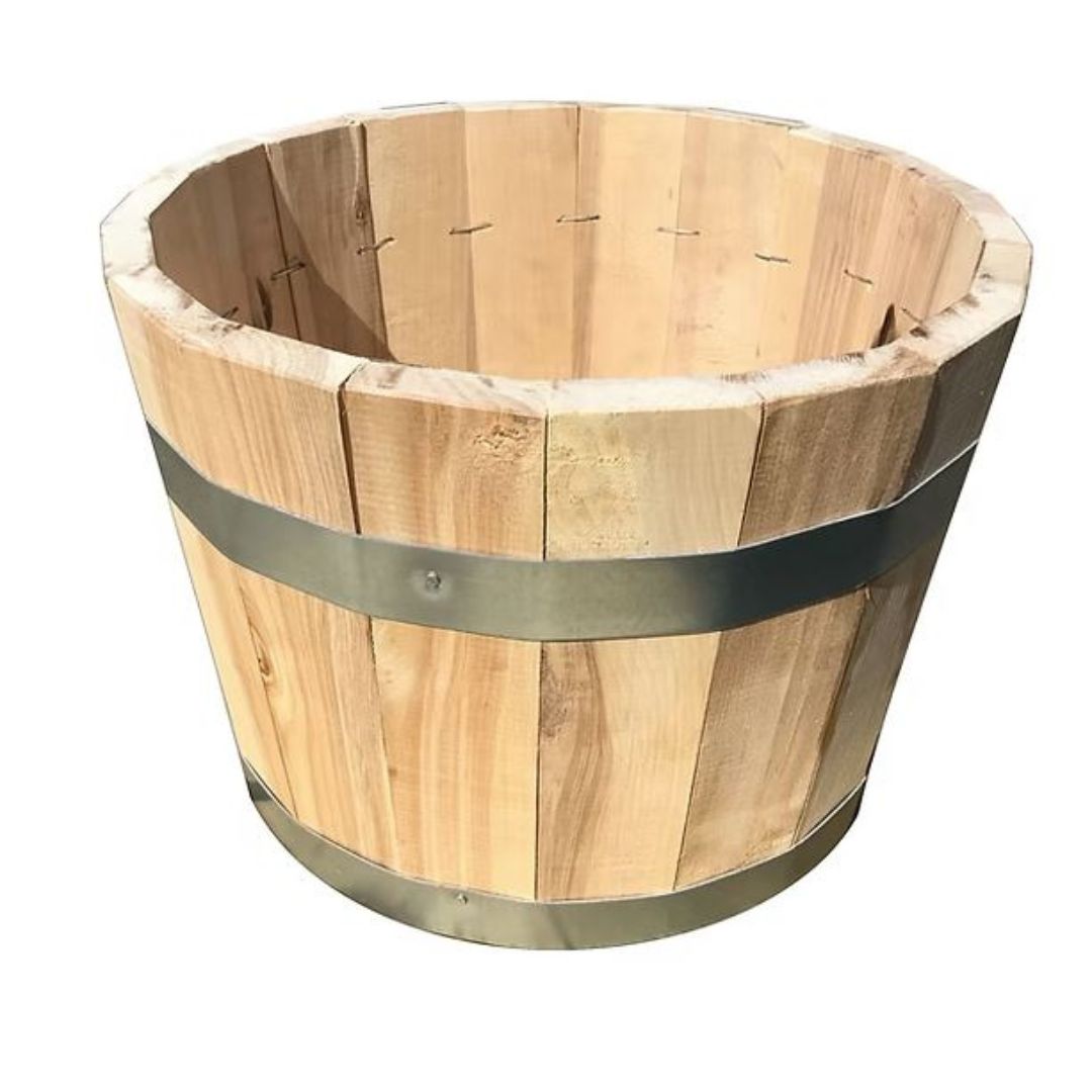 Wooden barrel with metal band on a white background