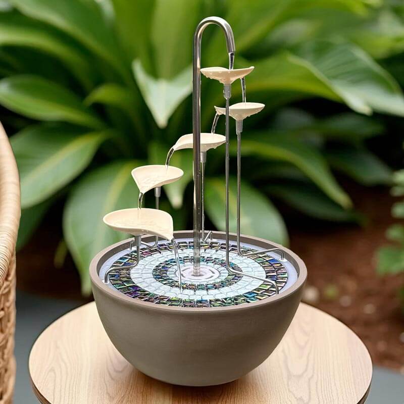Leaf cascade fountain with mosaic base on a wooden surface