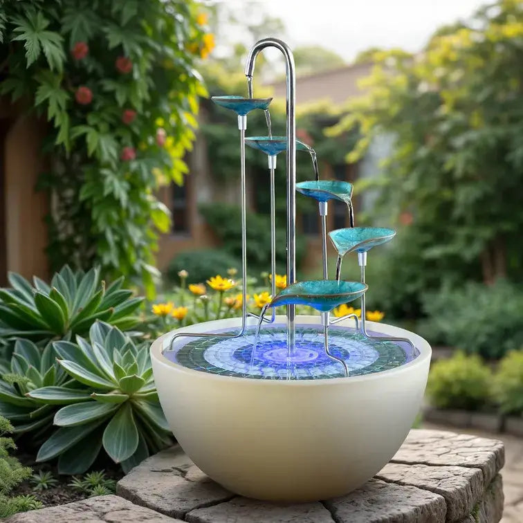 Outdoor garden fountain with blue tiers and white base in a garden setting