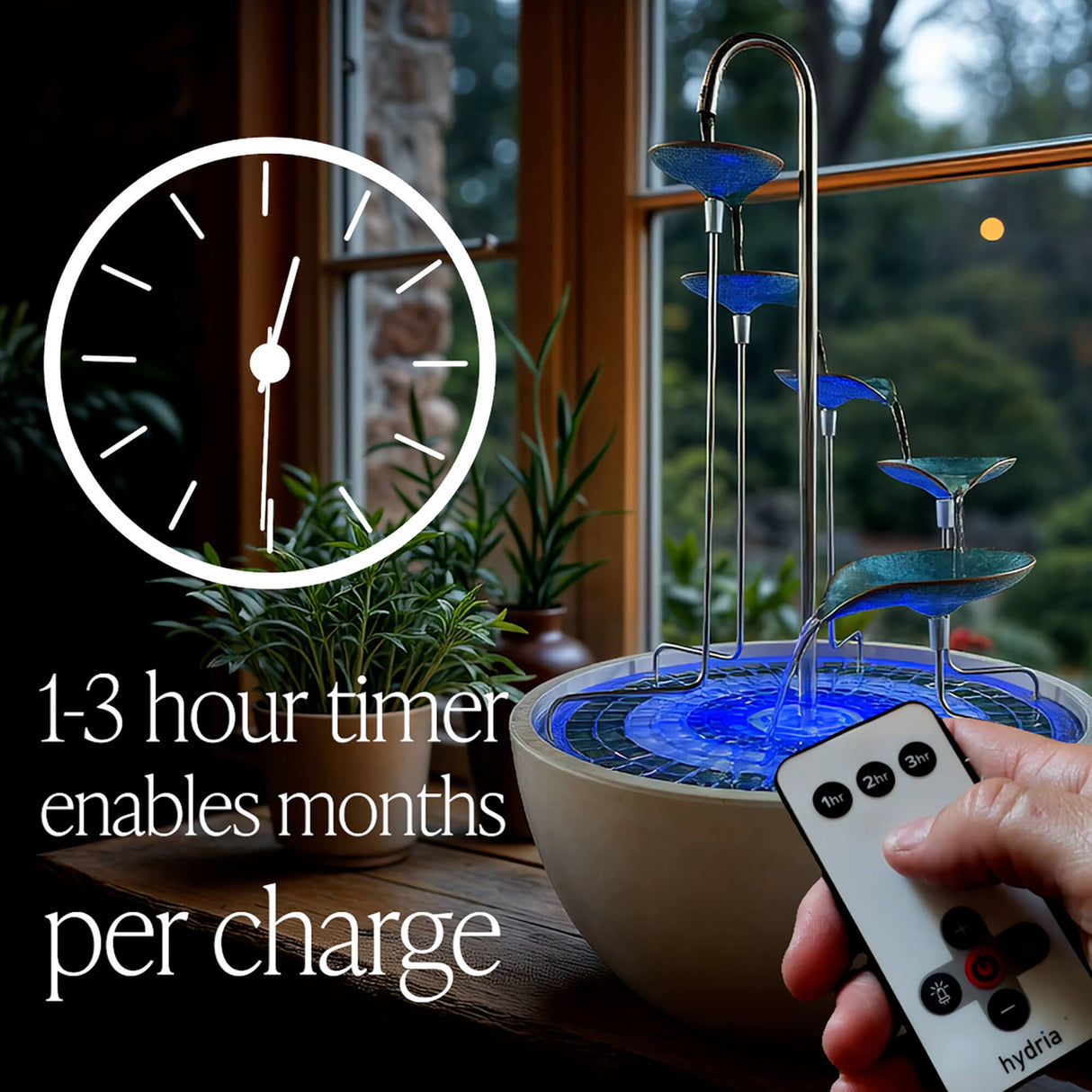 Futuristic water fountain with remote control and timer