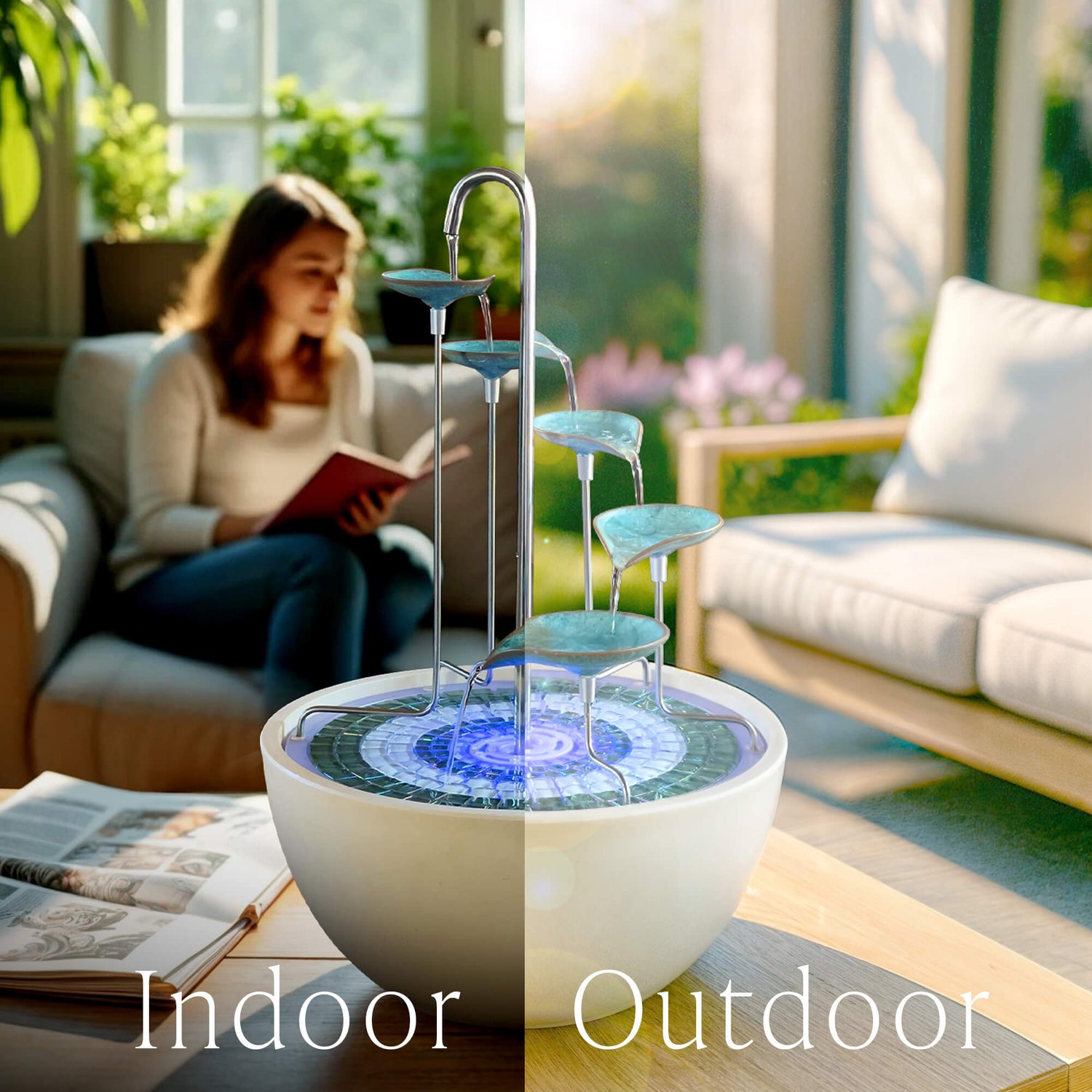 Futuristic water fountain with 'Indoor' and 'Outdoor' labels in a living room setting.