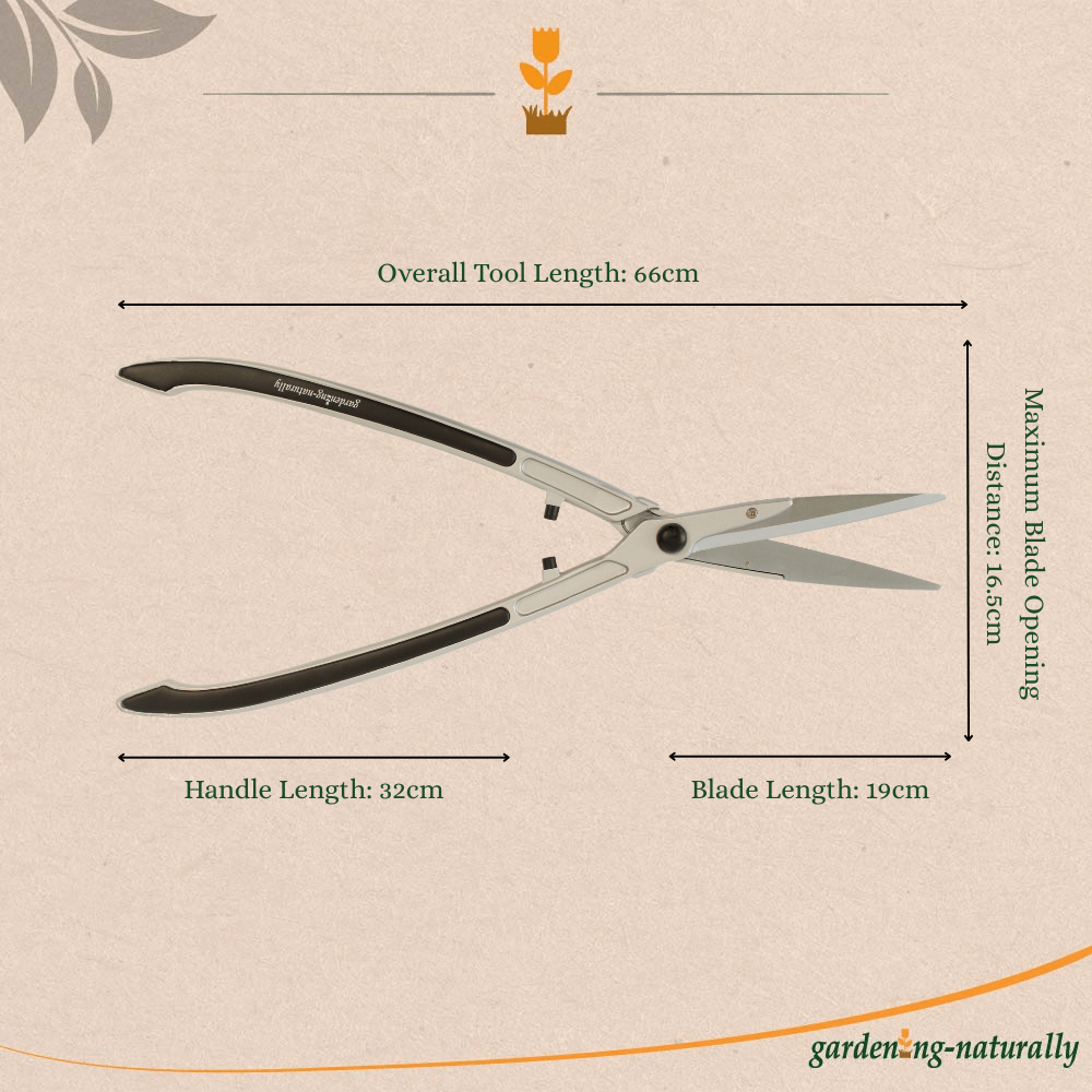 Gardening shears with measurements on a beige background