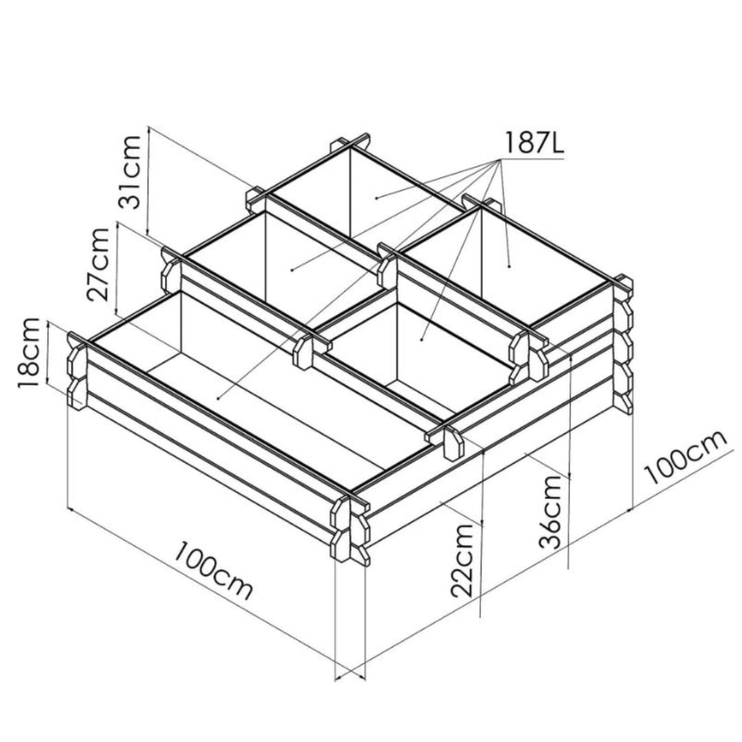 Technical drawing of mullite level planter with dimensions labeled