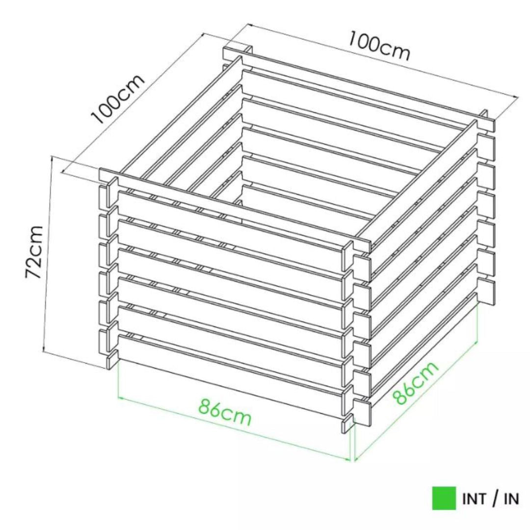 Dimensions of compost bin with measurements in centimeters on a white background