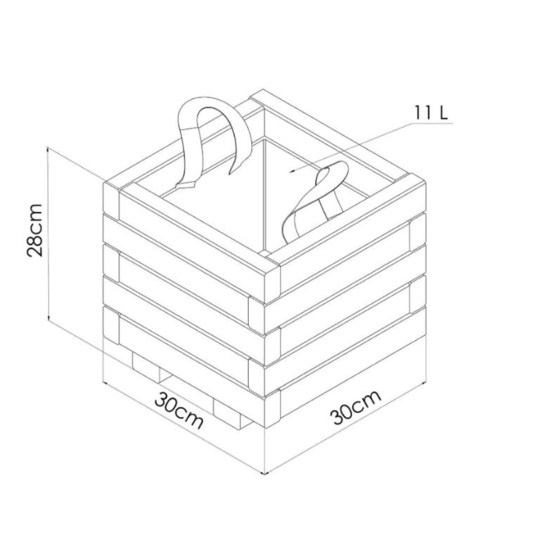Line drawing of small cube with dimensions and a hanger inside.