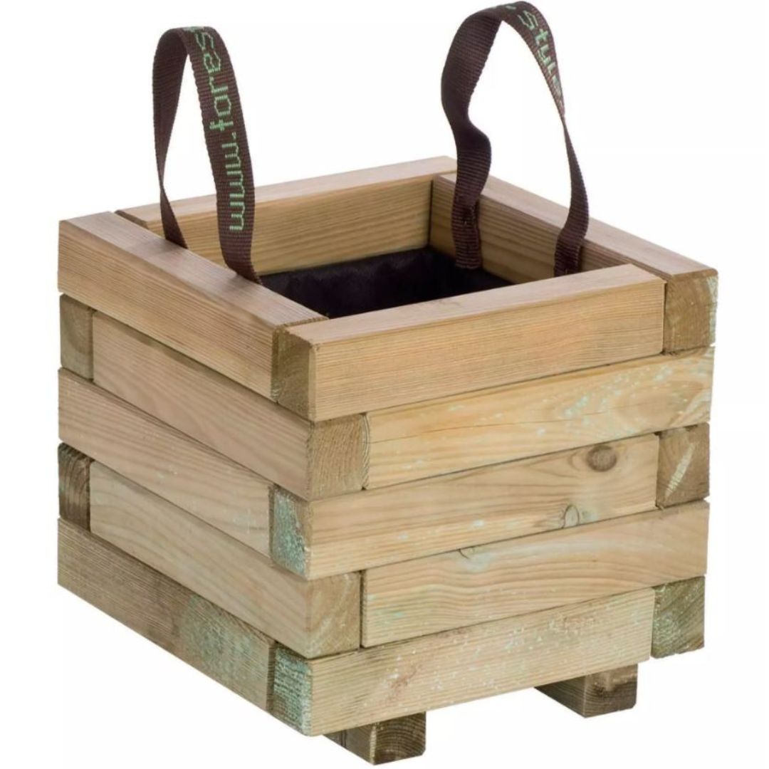 Wooden planter box with handles on a white background