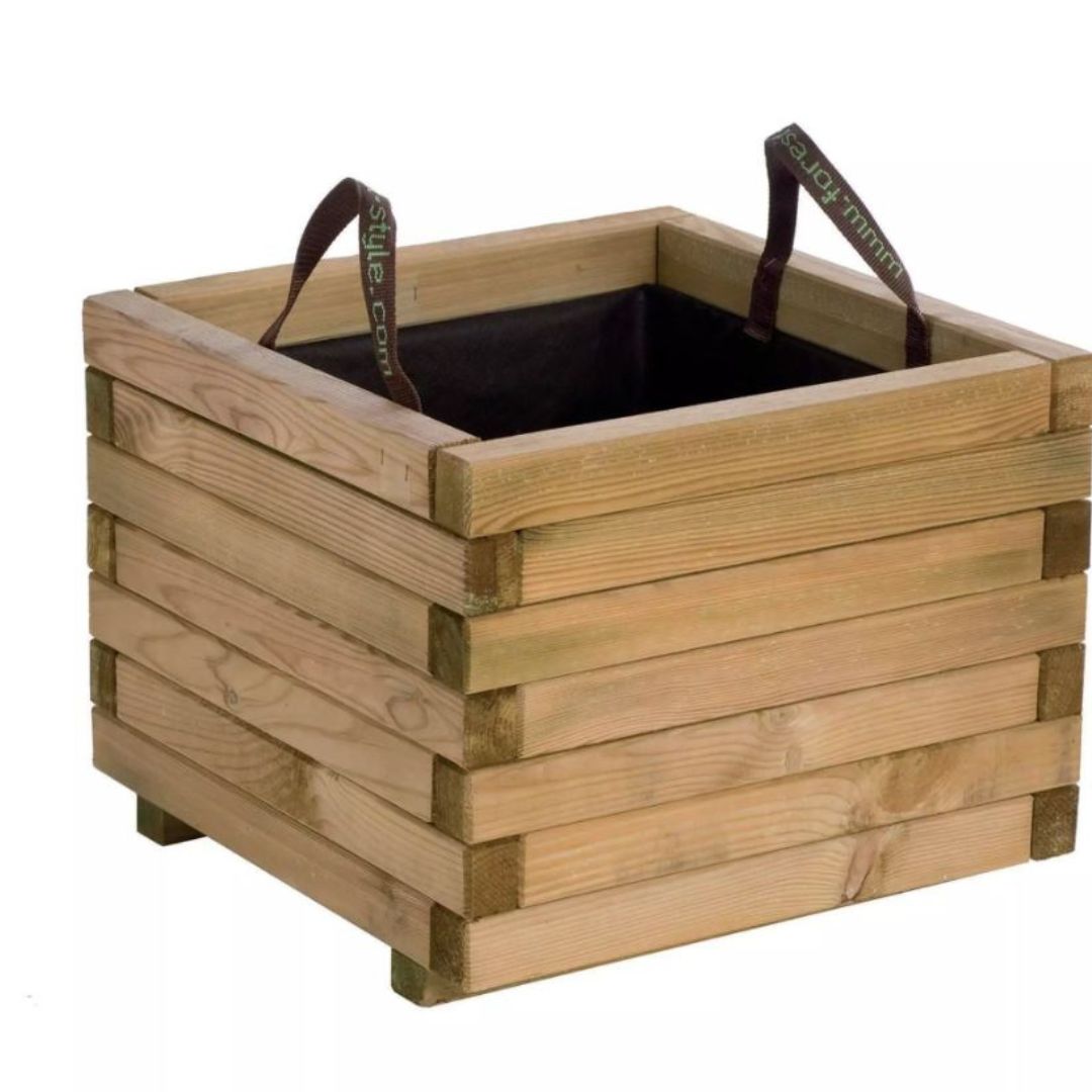 Wooden planter box with handles on a white background