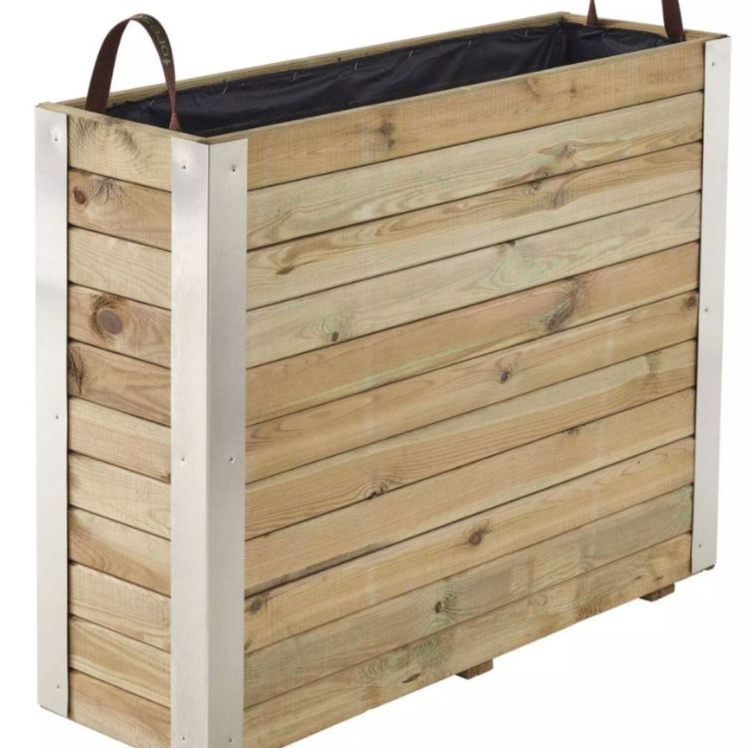 Wooden planter box with metal frame on a white background