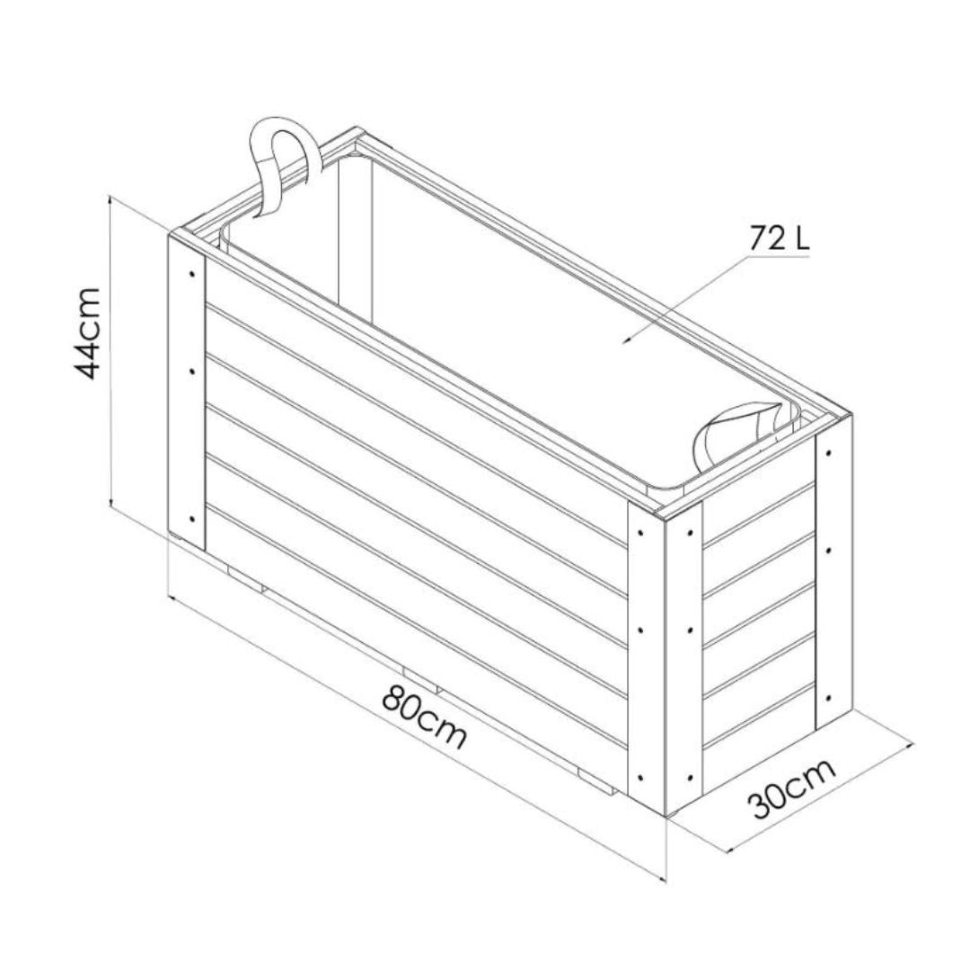 Line drawing of a rectangular planter box with dimensions labeled