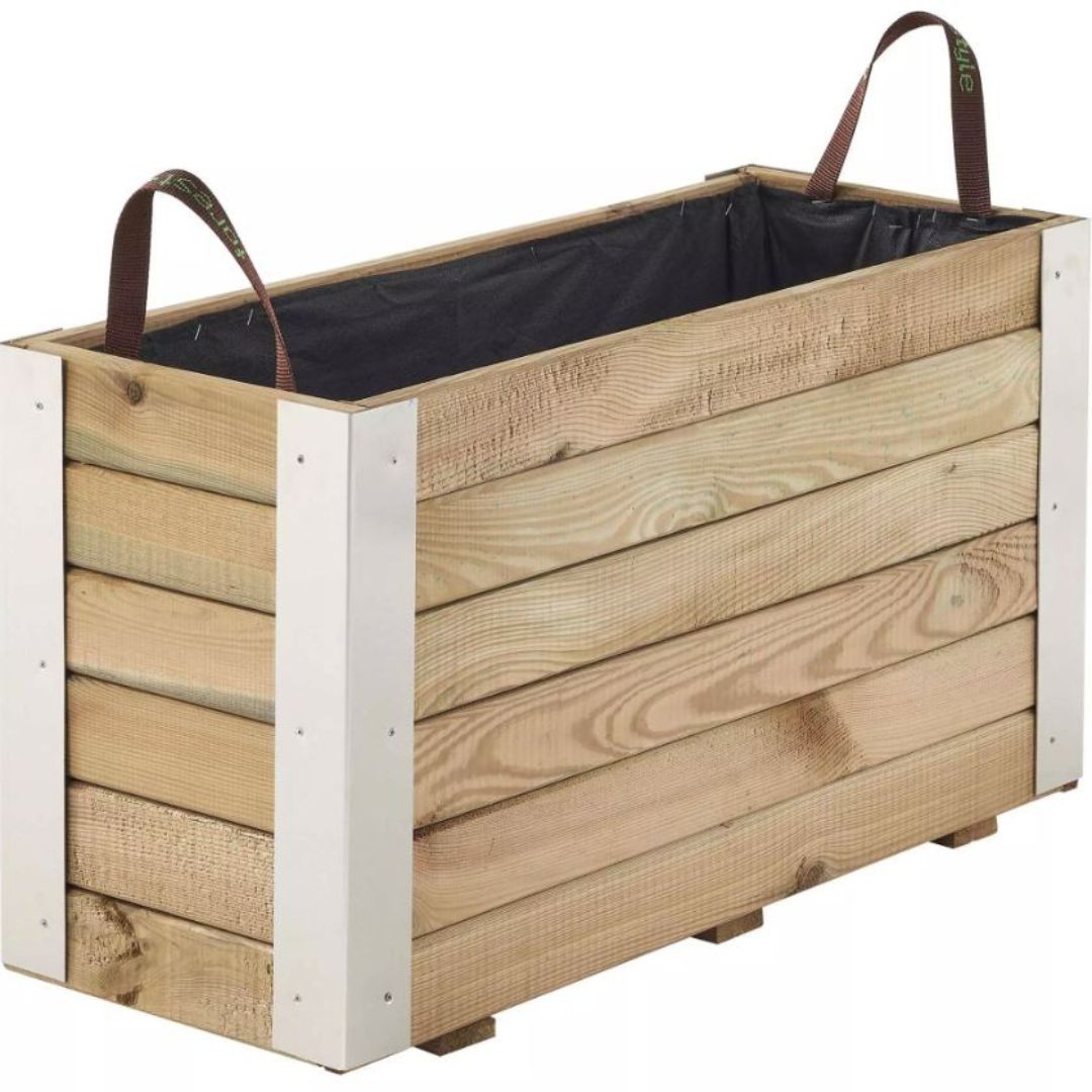 Wooden planter box with black liner and brown handles on a white background
