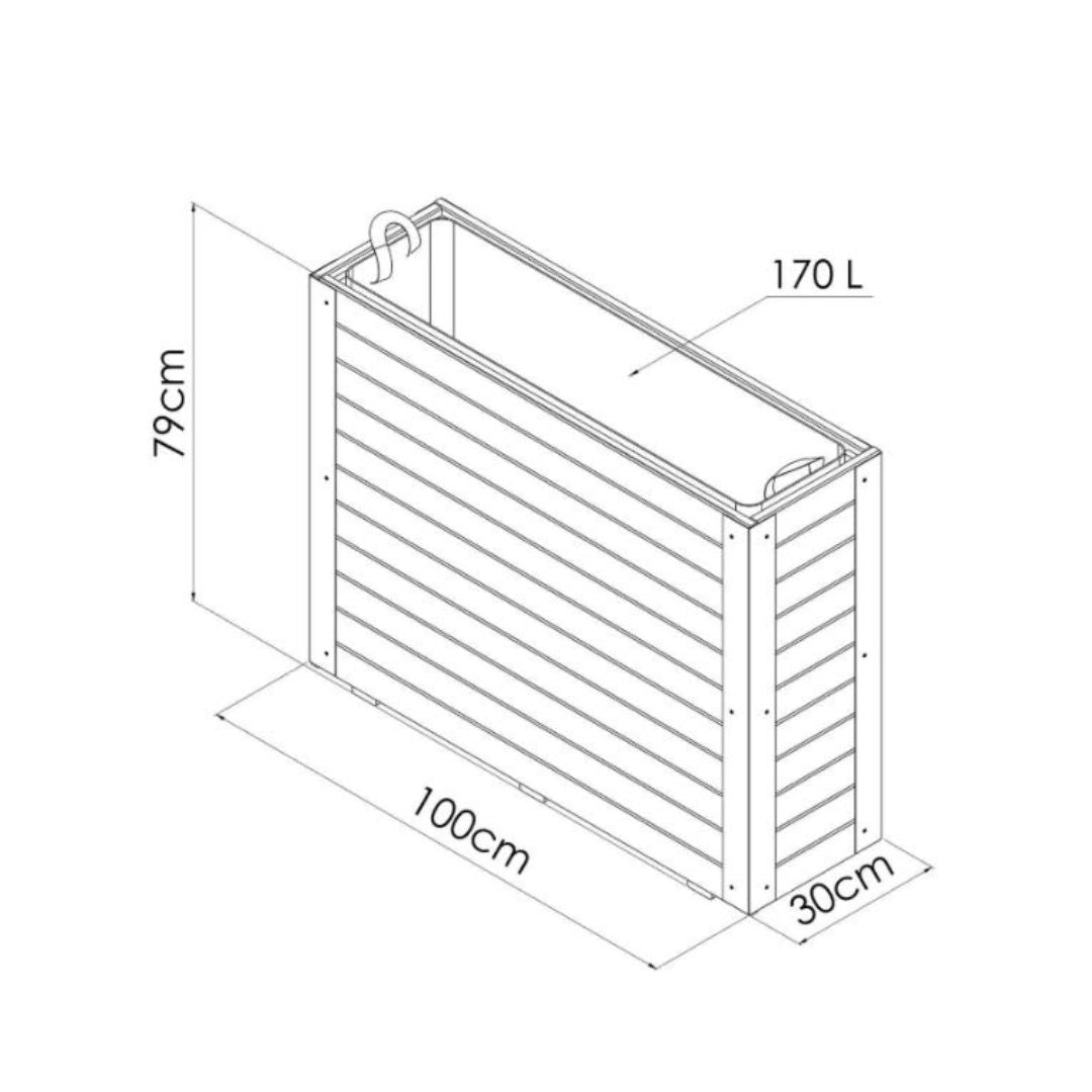 Dimensions of a rectangular planter box with dimensions labeled on a white background