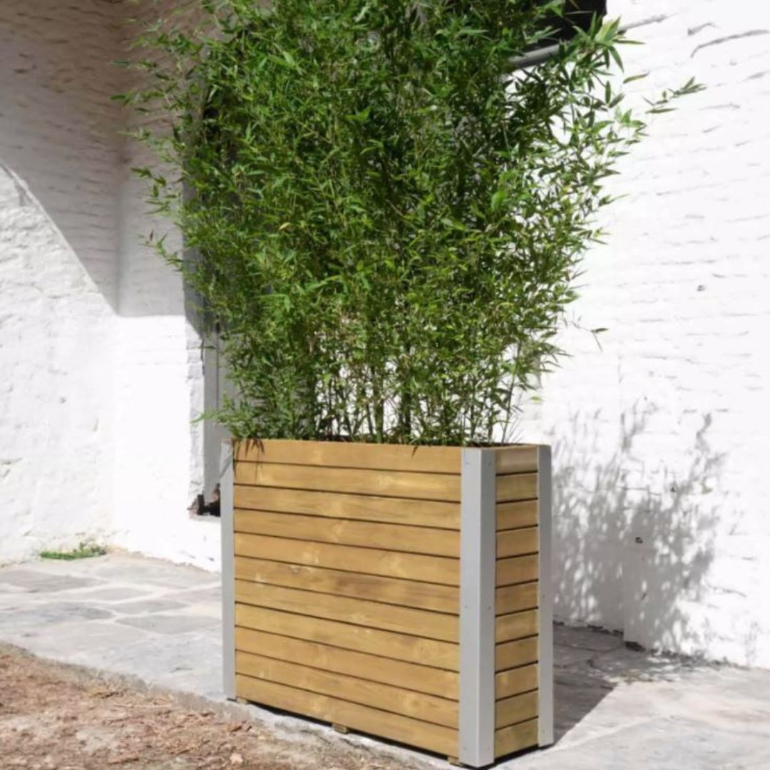 Wooden planter with green plants against a white wall