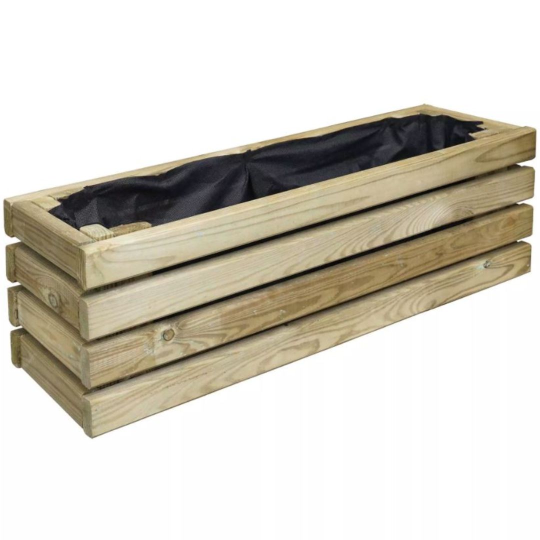 Wooden planter box with black liner on a white background