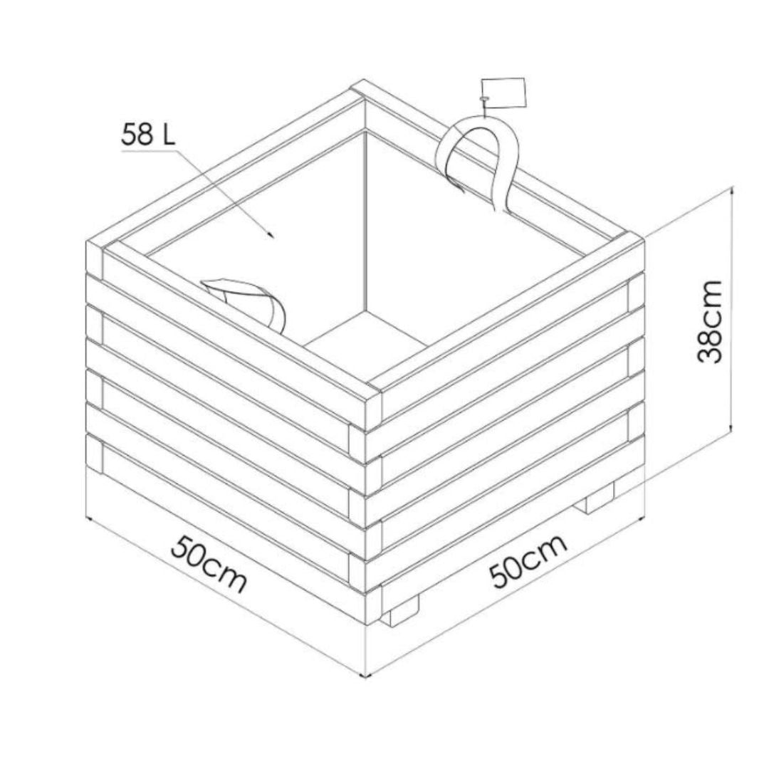 Line drawing of medium cube planter box with dimensions labeled